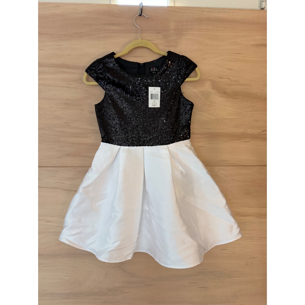 Lilt Girls Black Sequin White Satin Skirt Party Dress Size 12 SD4048G3 NWT